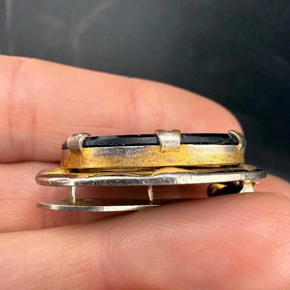 Vintage Dress Clip‎ Silver Tone Black Stone